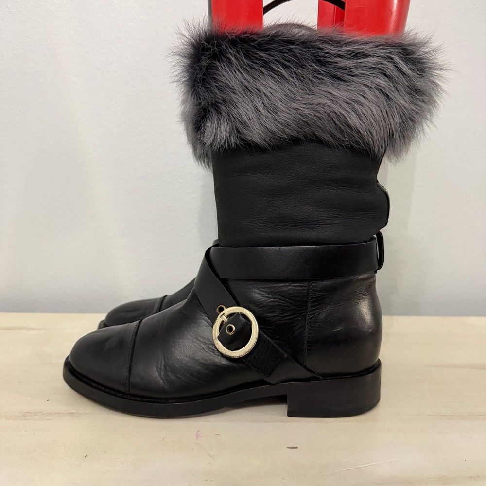 Pollini Black Leather Boots With Gray Fur Trim Size 36